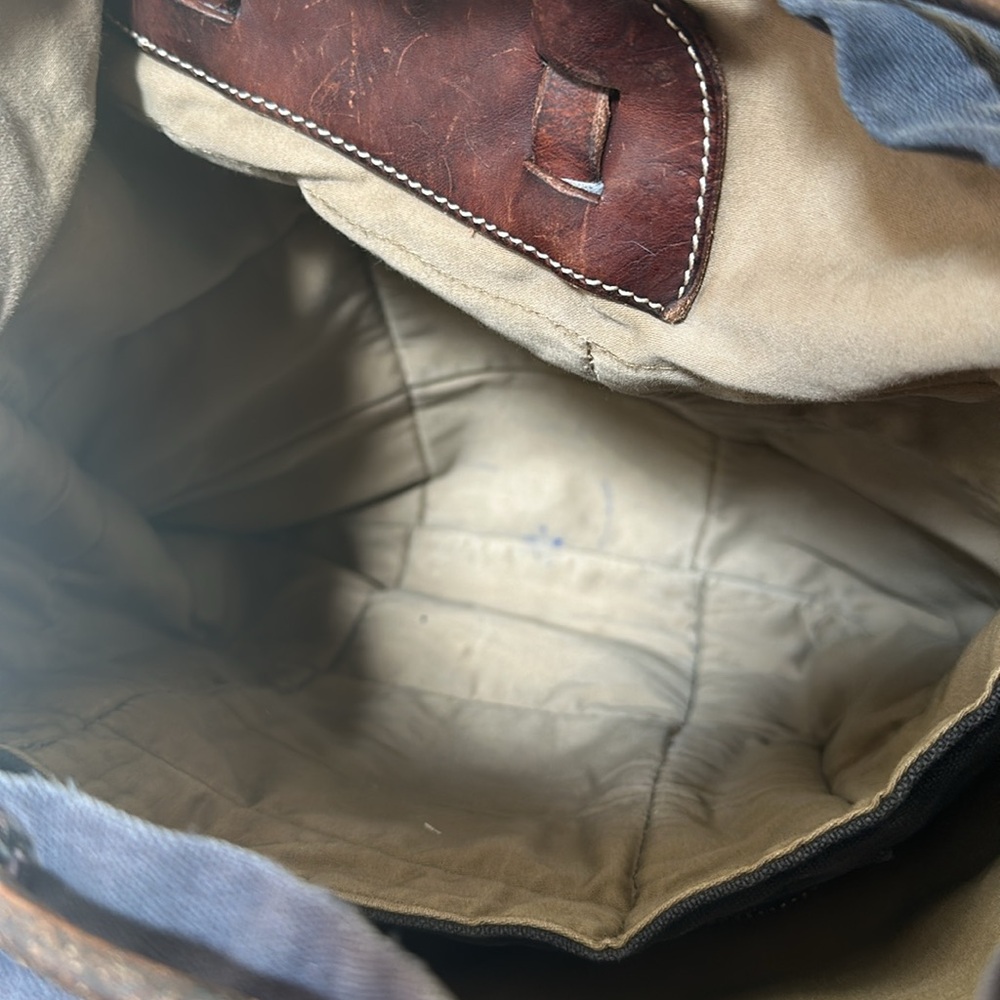 Polo Ralph Lauren RL Co Blue Canvas Brown Leather Backpack with Patches AS IS - Picture 13 of 16